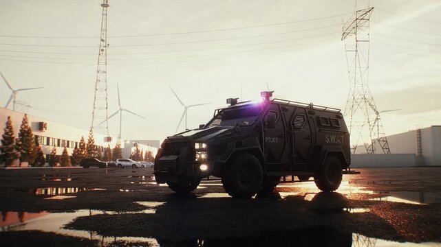 SWAT Tactical Police Vehicle with Flashing Emergency Lights Parked at Sunset.