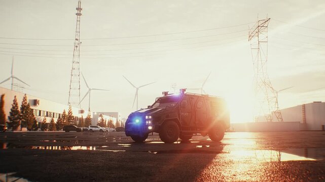 SWAT Tactical Police Vehicle with Flashing Emergency Lights Parked at Sunset.