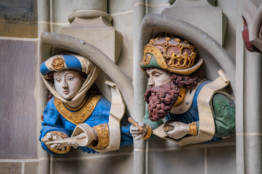 Stone prophet statues on the Gothic portal of the Minster in Bern, Switzerland