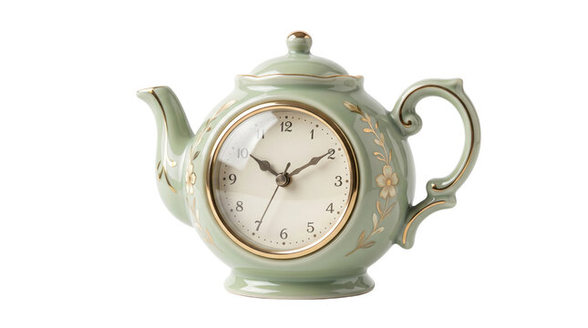 Elegant ceramic teapot clock, a charming decorative timepiece with delicate floral patterns. Vintage-inspired kitchen decor, perfect for home accents and gift ideas.