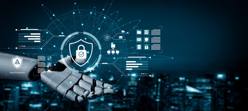 A robotic hand extends to symbolize cutting-edge digital security solutions against cyber threats, set against a modern urban backdrop representing data protection advancements. Cyphers