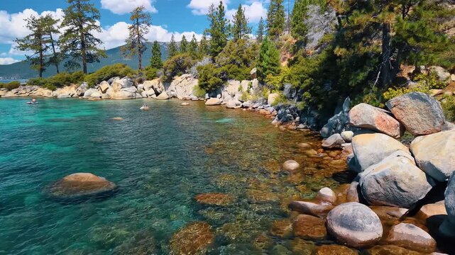 Boulder lined cove and conifers at Lake Tahoe. Gray rocks and shrubs border shallow water with submerged stones beneath a blue sky and white clouds.