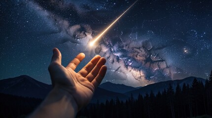 Fototapeta premium Human hand reaches for bright falling star in night sky. Person tries catch shooting star above mountain forest under milky way galaxy. Magical moment of hope, dreams, inspiration during meteor