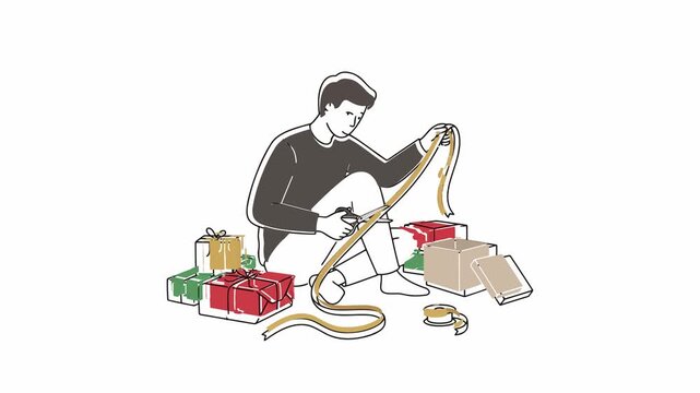 Man wrapping gifts in red green and gold ribbon minimalist style for celebration and generosity