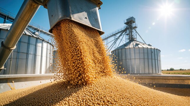Golden soybeans pour from metal chute into large truck trailer. Industrial grain elevator system processes harvest at farm. Bulk agriculture commodity flows through conveyor machinery for storage,