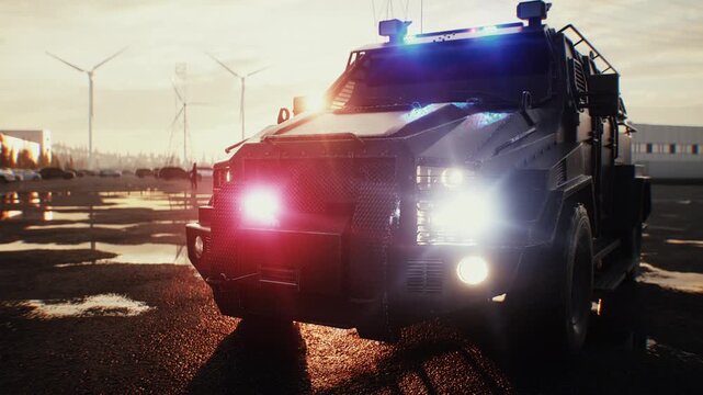 SWAT Tactical Police Vehicle with Flashing Emergency Lights Parked at Sunset.