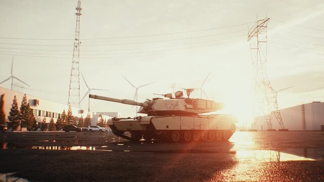 American Military Tank at Sunset, Armored Combat Vehicle in Dramatic Evening Light.
