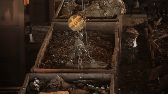 Magnet crane lifting scrap metal. Electromagnet picks steel shreds recycling.