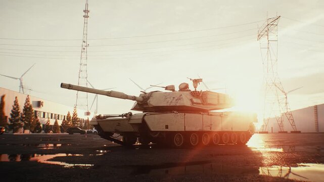 American Military Tank at Sunset, Armored Combat Vehicle in Dramatic Evening Light.