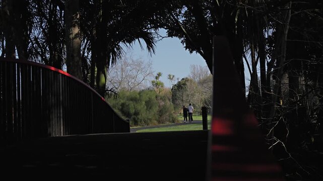 A man and woman walk hand-in-hand on a paved path through a vibrant green park, surrounded by tall trees and clear blue skies at Western Springs