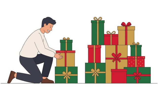 Man stacking festive red green and gold gift boxes symbolizing generosity and celebration