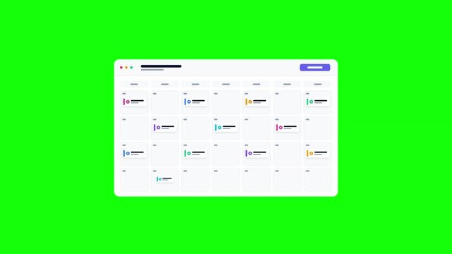 Digital calendar interface for monthly scheduling and task management displayed on a green screen background for chroma key editing, showcasing a modern productivity web application dashboard.