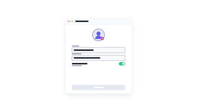 Animated User Interface of a Login Form or Registration Window on White Background featuring Account Profile Icon, Data Input Fields, a Green Toggle Switch Turning On, and a Purple Submit Button