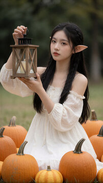 Telephoto portrait of woman with elf ears holding lantern