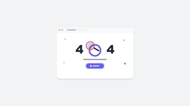 Modern 404 Error Page Not Found Concept Animation inside a Web Browser Window with Magnifying Glass Illustration for Website Maintenance, Technical Problems, and Connectivity Issues Layout