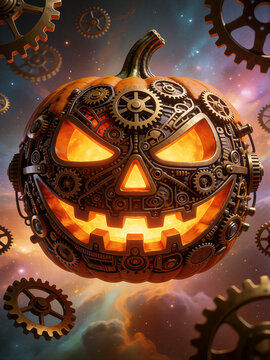 Surreal steampunk mechanical glowing jack o lantern face