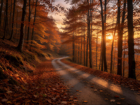 Winding autumn forest road with leaves at sunset