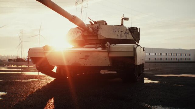 American Military Tank at Sunset, Armored Combat Vehicle in Dramatic Evening Light.