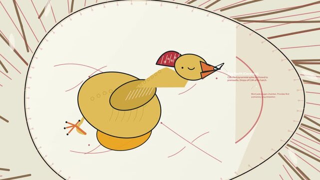 Educational 2D animation illustrating the avian pipping and hatching process of a Gallus domesticus bird embryo, highlighting the use of the egg tooth and pipping muscle to break the eggshell