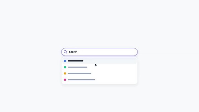 Modern Minimalist Web Search Bar Animation with Cursor Clicking and Typing Suggestion Dropdown Menu Featuring Colorful Icons for Digital User Interface and Software Application Navigation Design