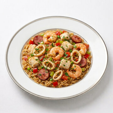 Seafood rice dish with shrimp, squid, fish, and sausage on a white plate, top-down view - Seafood Jambalaya