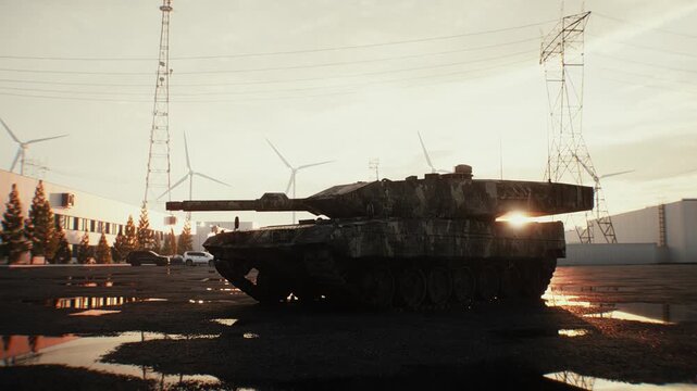 German Military Tank at Sunset, Armored Combat Vehicle in Dramatic Evening Light.