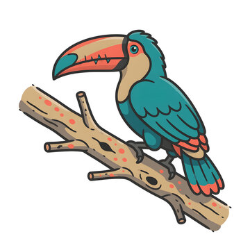 Cartoon Toco Toucan Perched on Tree Branch with Teal Feathers Isolated on White