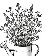 Fototapeta premium Spring wildflower bouquet in garden watering coloring page. Black line art illustration features daisies, chamomile, cosmos flowers. Minimalist botanical drawing for adult coloring book, kids craft,