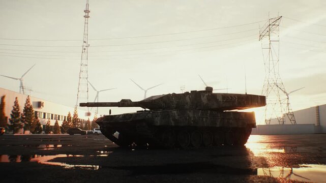German Military Tank at Sunset, Armored Combat Vehicle in Dramatic Evening Light.