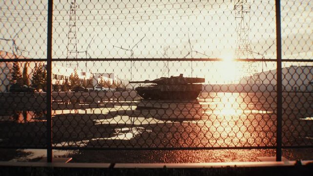 German Military Tank at Sunset, Armored Combat Vehicle in Dramatic Evening Light.