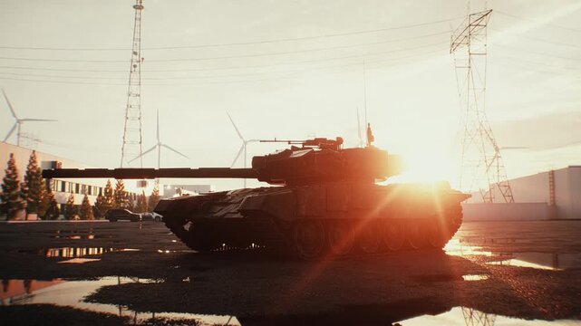 Russian Military Tank at Sunset, Armored Combat Vehicle in Dramatic Evening Light.