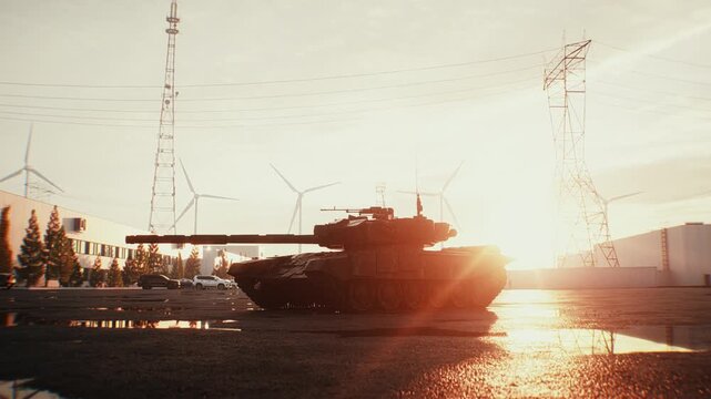Russian Military Tank at Sunset, Armored Combat Vehicle in Dramatic Evening Light.