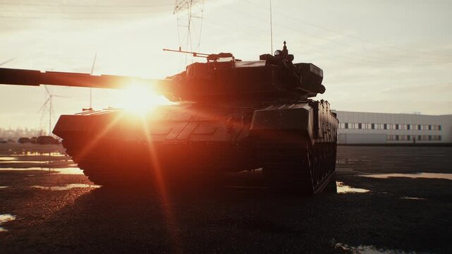 Russian Military Tank at Sunset, Armored Combat Vehicle in Dramatic Evening Light.