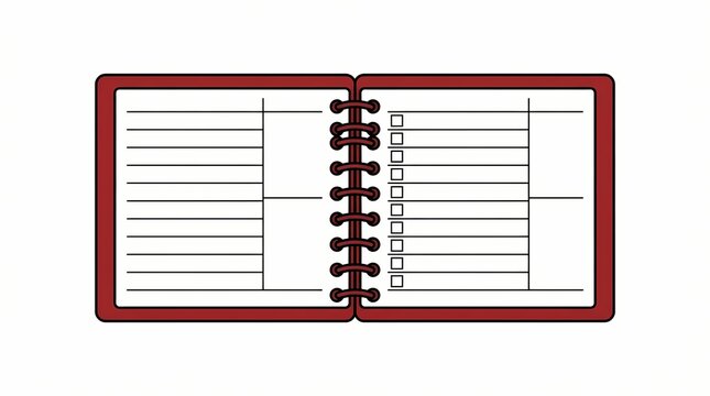 A red spiral-bound planner or notebook with empty lined pages and checkboxes, ready for notes and to-do lists.
