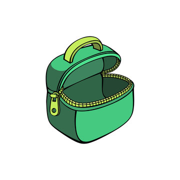 Green open zippered travel lunch bag cosmetic pouch illustration isolated on transparent background for storage design vector element