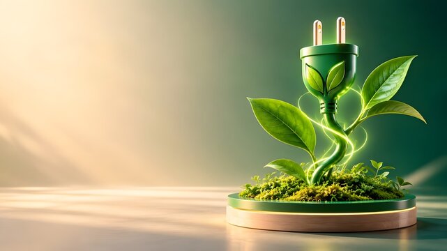 Green electrical plug sprouting leaves on wooden podium representing eco friendly renewable energy