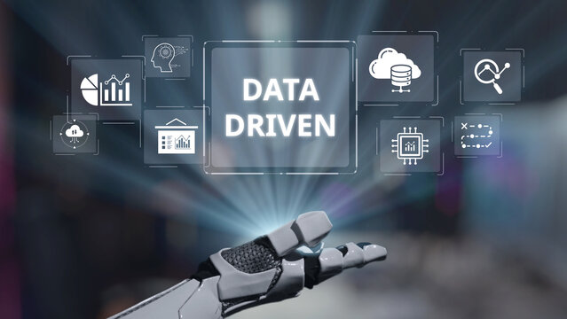 A robotic hand showcases a data driven concept surrounded by digital icons, capturing the essence of technology and analytics in a modern business environment. Ideal for innovation themes. Salient