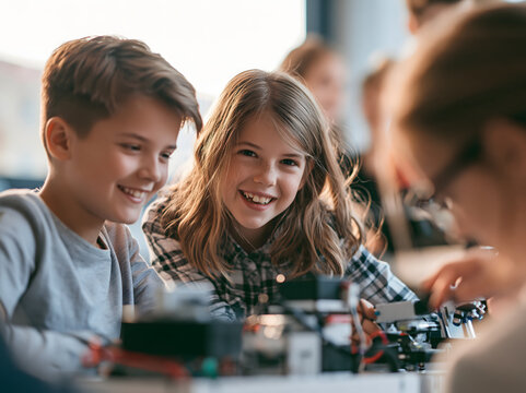 Elementary students collaborating happily in modern school robotics STEM lab