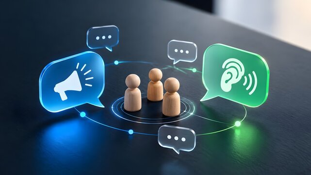 Active listening and digital communication concept with wooden figures surrounded by glowing megaphone and ear speech bubbles