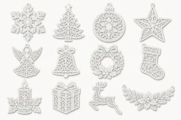 Fototapeta premium White lace Christmas ornaments, wreaths, stars, and holiday decor