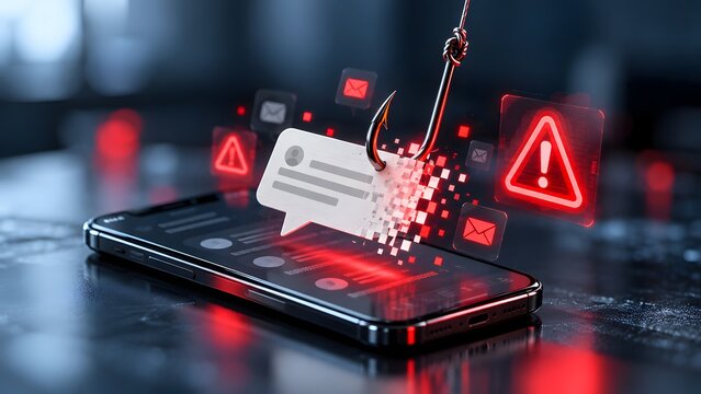 Mobile phishing scam concept featuring fishing hook catching fragmented digital text message with red warning alerts over smartphone