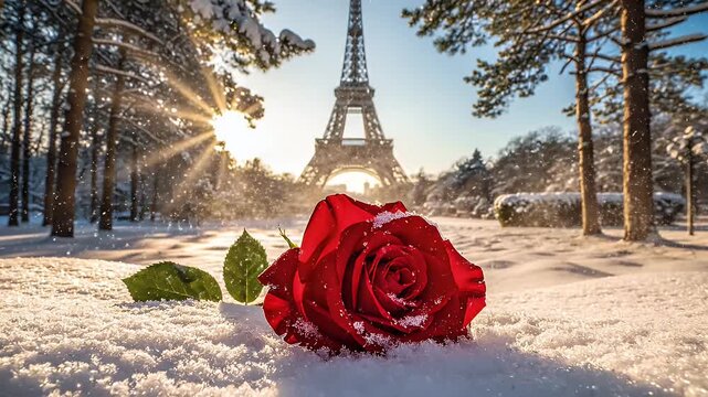 A solitary red rose resting on pristine snow with sunlit Eiffel Tower backdrop in Paris