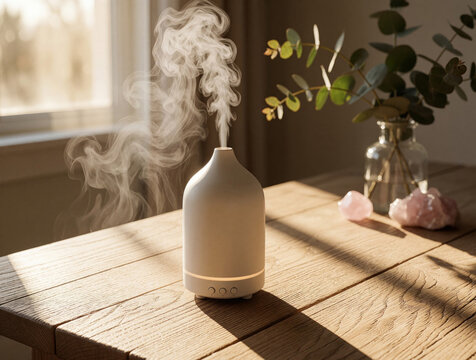 White ceramic essential oil diffuser emits thick steam mist on wooden table. Modern aromatherapy device creates fragrant vapor in cozy home interior. Soft sunlight shines through window near