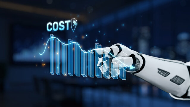 A futuristic robot finger touches a digital cost chart, showcasing the interaction between technology and data analysis in a modern office environment. Synapse