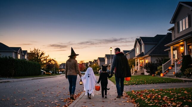 夕暮れの住宅街を仮装して歩くハロウィンの家族