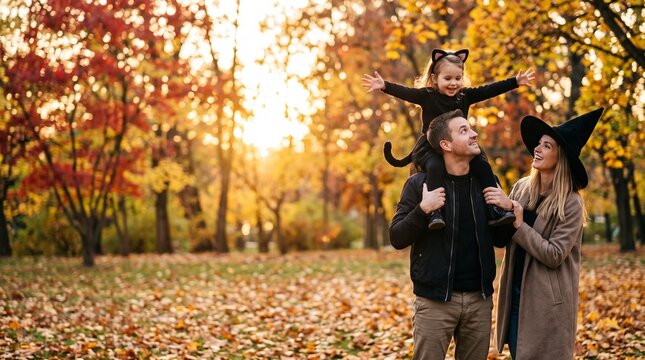 紅葉の公園で黒猫の仮装をした娘を肩車する父と魔女姿の母