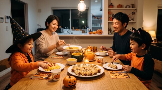 ハロウィンの夜に食卓を囲む家族のパーティー