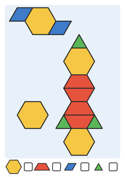Pattern block mat for kids, A4: a rocket, a ringed planet and a moon built from hexagons, trapezoids, rhombi and triangles, with a shape key and counting boxes