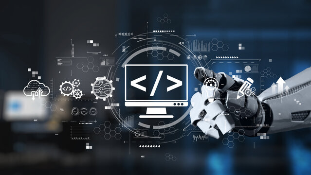 A robotic hand is depicted engaging with a computer screen that showcases code symbols and various digital icons, representing advanced technology and innovation. Salient