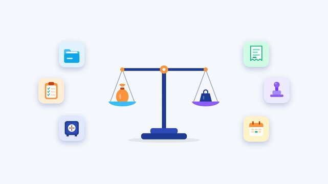 Endless loop legal balance scale justice and compliance weighing concept in a corporate motion graphic